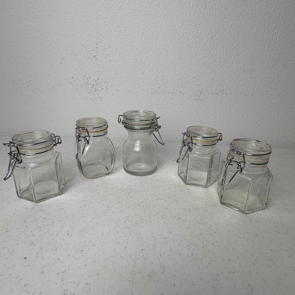 Set of 5 Vintage Clear Glass Apothecary Jars Wire Hinged Lid Spices MixedShapes